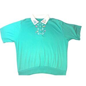 Vintage Womens Embroidered Floral Polo Shirt With White Collar & Button Accent S